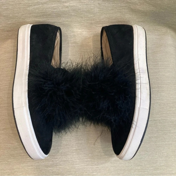 STEVE MADDEN Sz 7.5 Emily Black Suede Feather Pom Pom  Slip On Sneakers Shoes - Picture 11 of 12